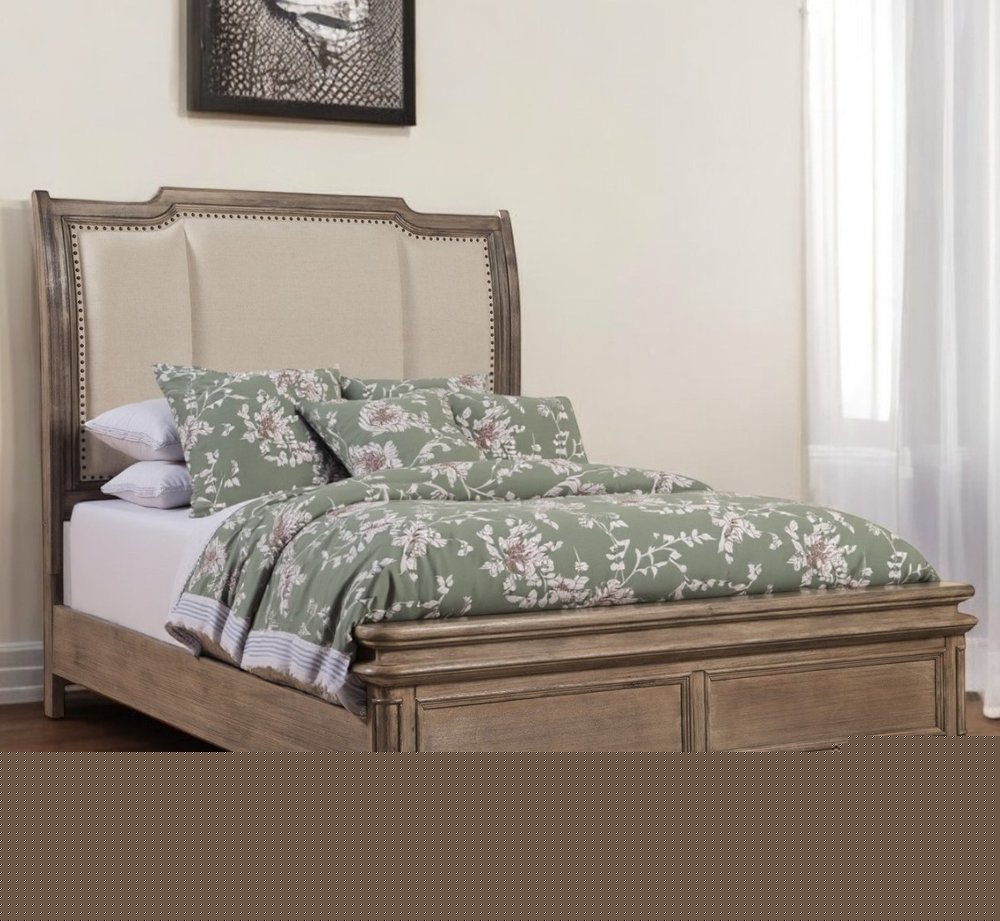 Brown and Beige Distressed Solid Wood And Faux Leather California King Bed Frame with Nailhead Trim