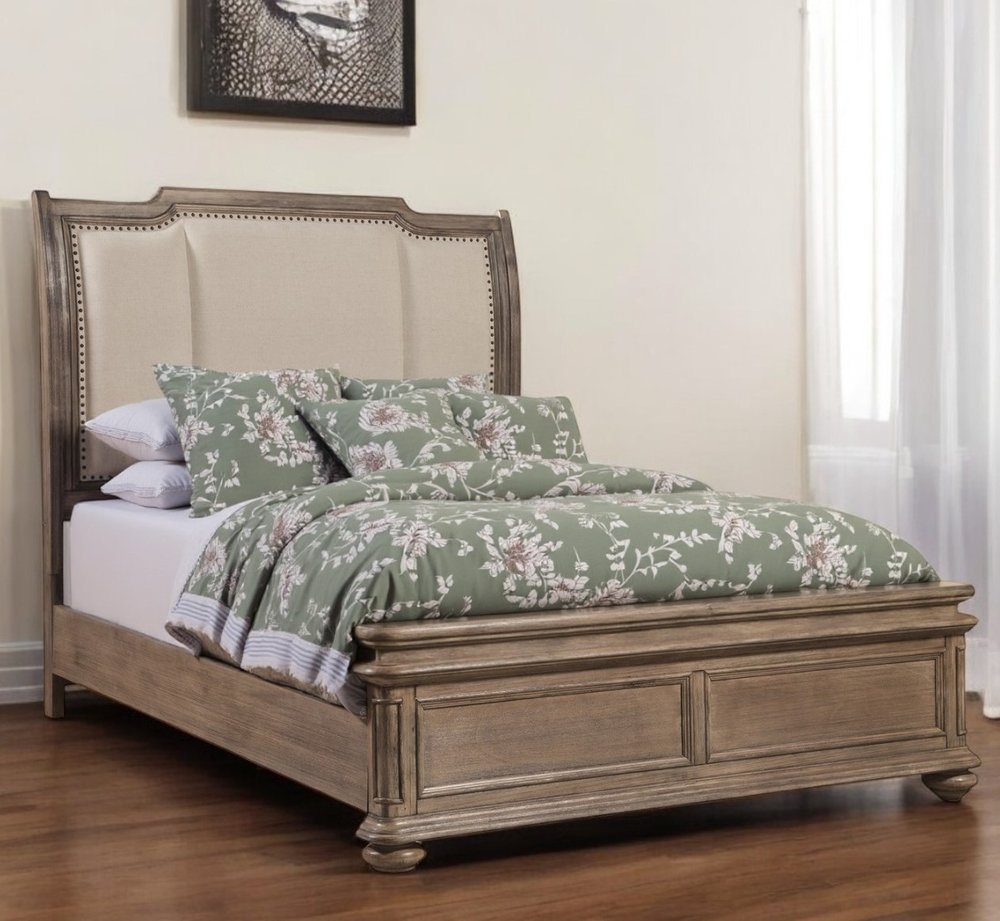 Brown and Beige Distressed Solid Wood And Faux Leather California King Bed Frame with Nailhead Trim