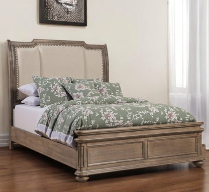 Brown and Beige Distressed Solid Wood And Faux Leather California King Bed Frame with Nailhead Trim