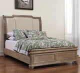 Brown and Beige Distressed Solid Wood And Faux Leather California King Bed Frame with Nailhead Trim