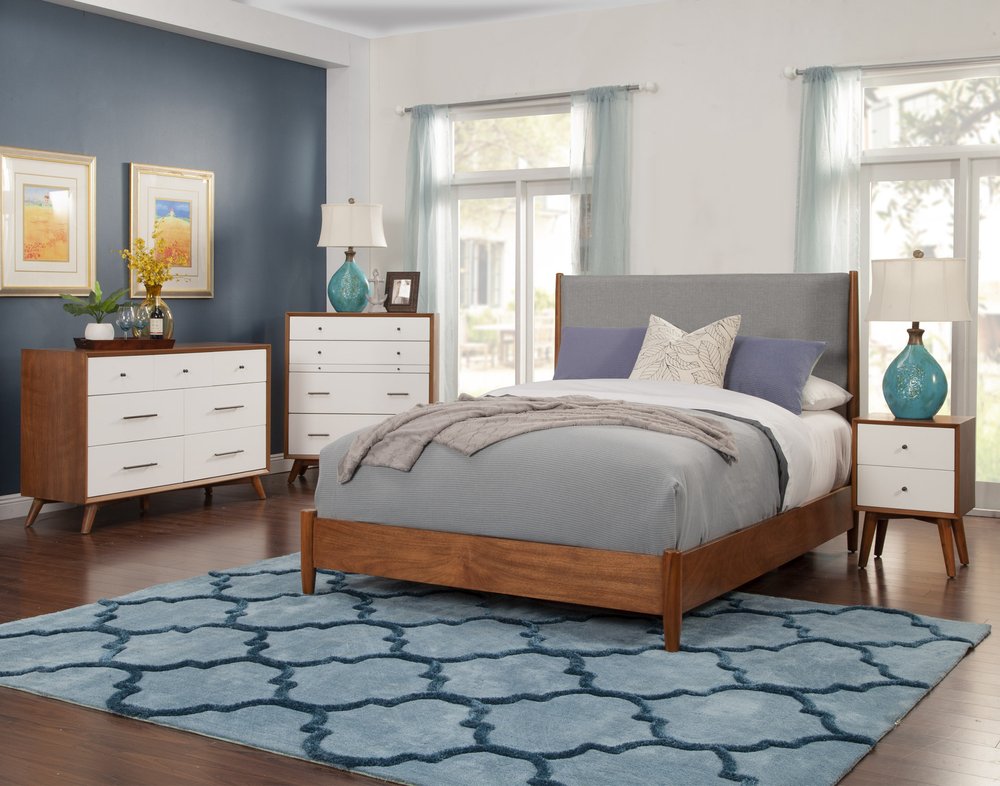 Brown and Gray Solid Wood And Linen Queen Bed Frame