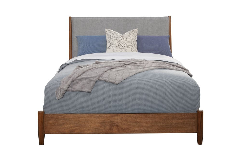 Brown and Gray Solid Wood And Linen Queen Bed Frame