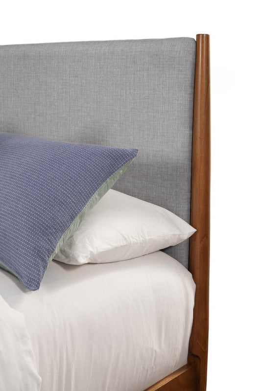 Brown and Gray Solid Wood And Linen Queen Bed Frame