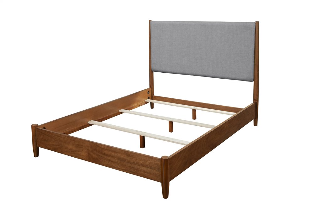 Brown and Gray Solid Wood And Linen King Bed Frame