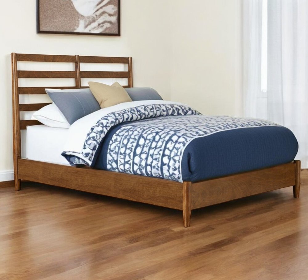 Brown Slat Back Solid Wood King Bed Frame