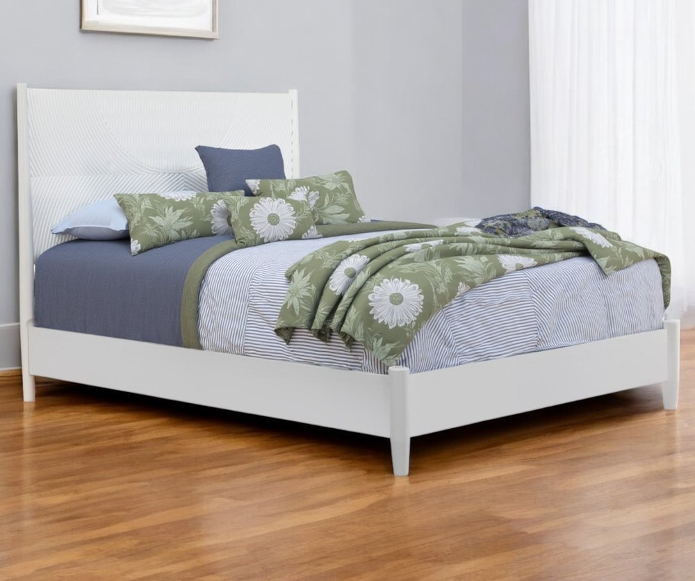 White Carved Geometric Solid Wood Queen Bed Frame