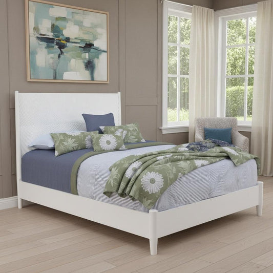 White Carved Geometric Solid Wood Full Bed Frame