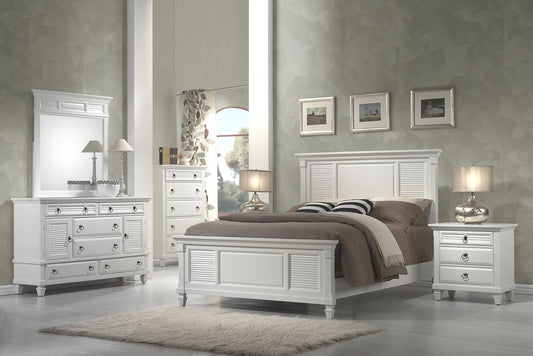 White Ribbed Texture Solid Wood Queen Bed Frame