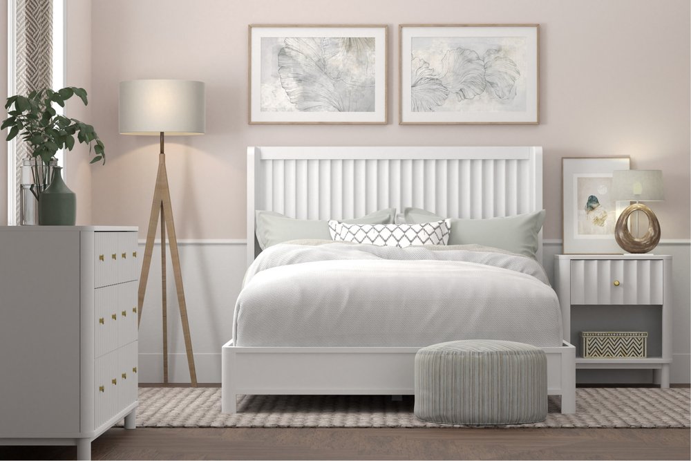 White Ribbed Texture Solid Wood Full Bed Frame