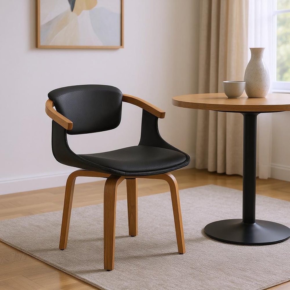 Off White and Natural Upholstered Faux Leather Dining Arm Chair