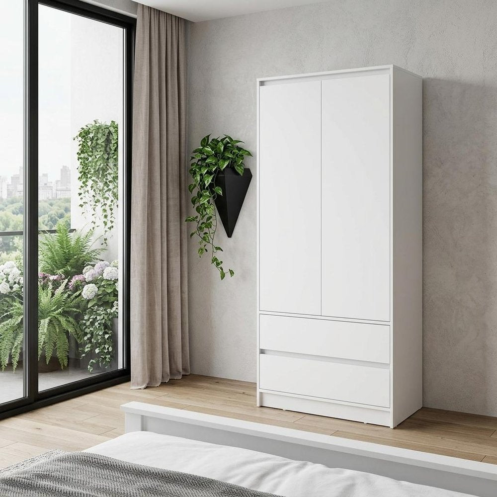 71" White Wood Two Door Two Drawer Combo Dresser