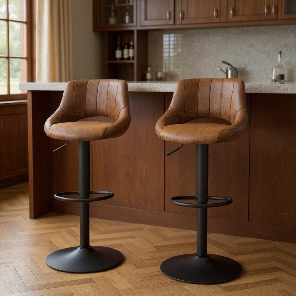 Set of Two 32" Black Faux Leather And Steel Swivel Low Back Adjustable Height Bar Chairs