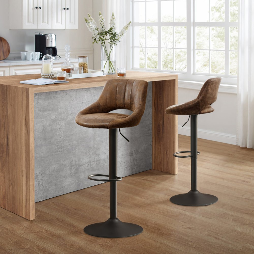 Set of Two 32" Black Faux Leather And Steel Swivel Low Back Adjustable Height Bar Chairs