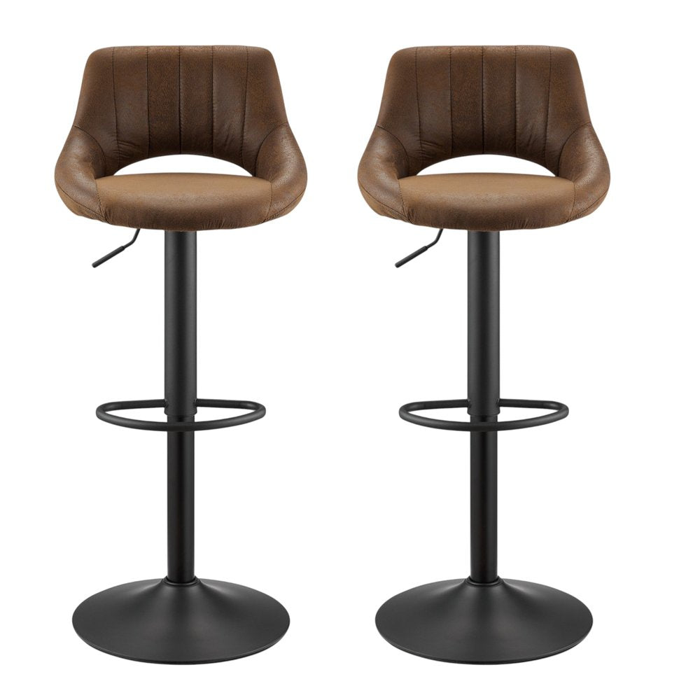Set of Two 32" Black Faux Leather And Steel Swivel Low Back Adjustable Height Bar Chairs