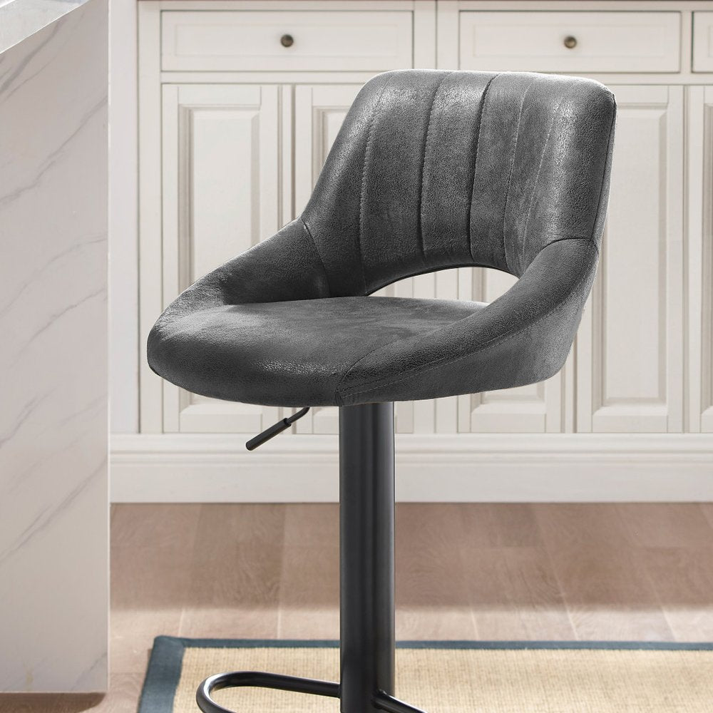 Set of Two 32" Black Faux Leather And Steel Swivel Low Back Adjustable Height Bar Chairs