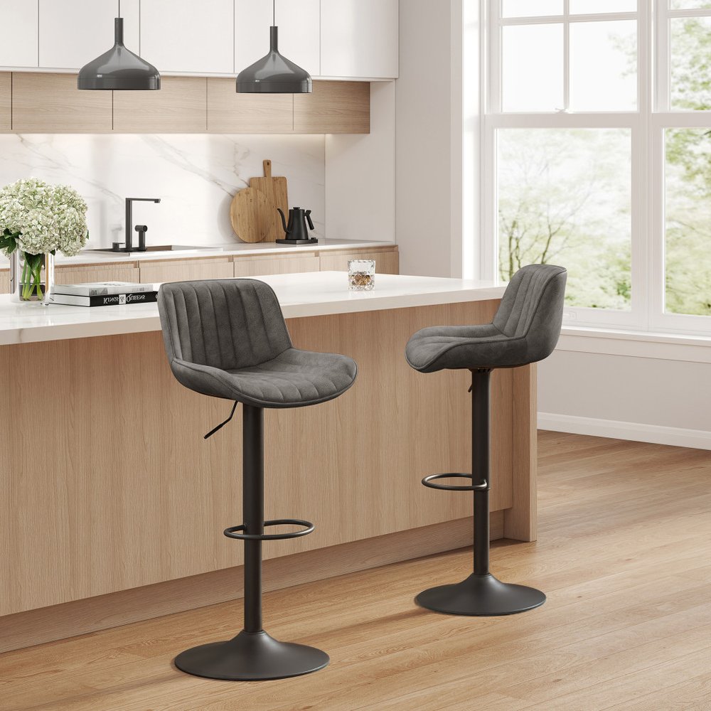Set of Two 32" Black Faux Leather And Steel Swivel Low Back Adjustable Height Bar Chairs