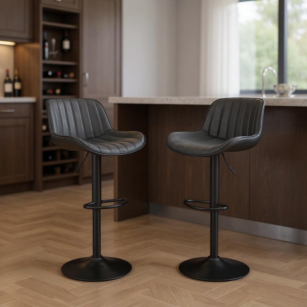 Set of Two 32" Black Faux Leather And Steel Swivel Low Back Adjustable Height Bar Chairs