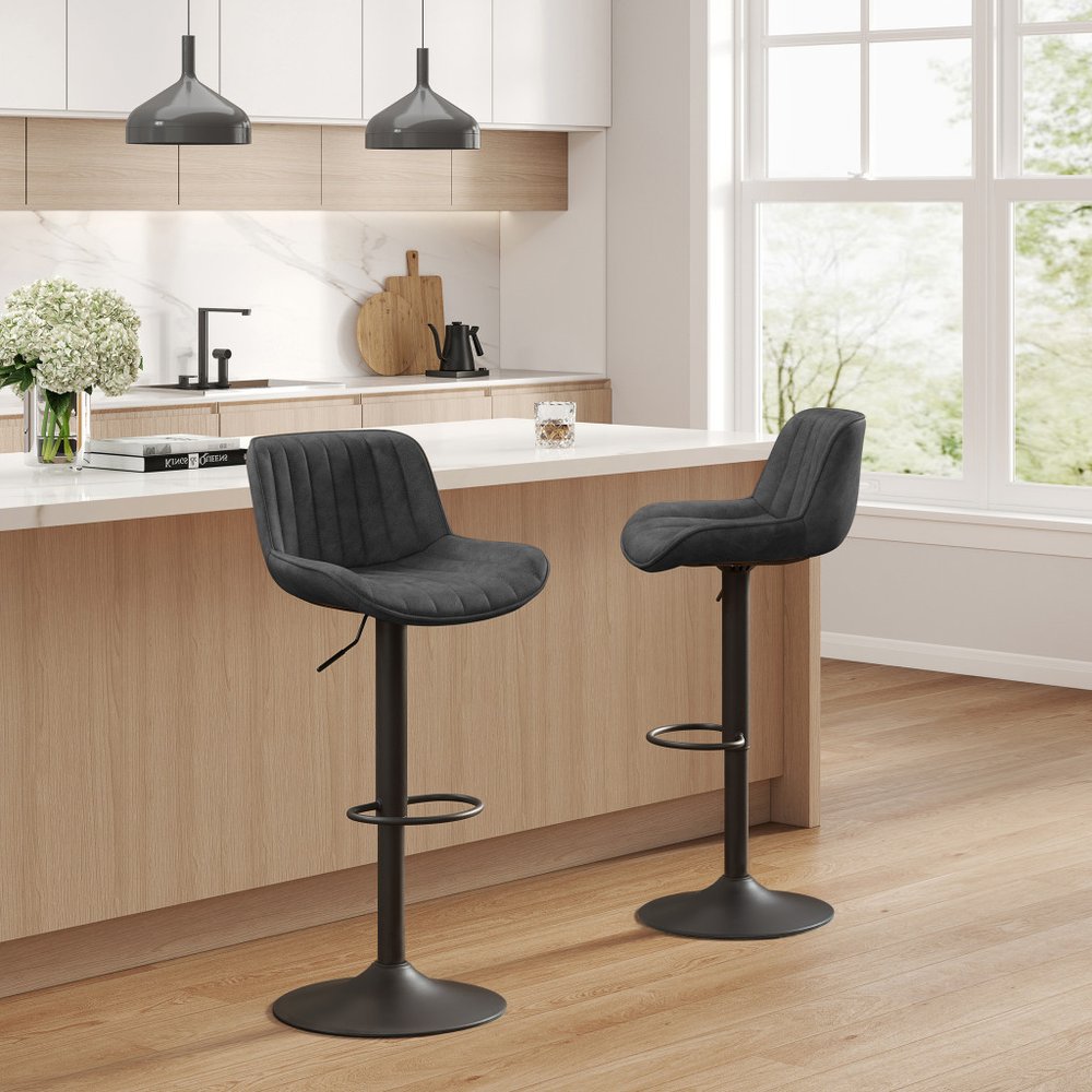 Set of Two 32" Black Faux Leather And Steel Swivel Low Back Adjustable Height Bar Chairs
