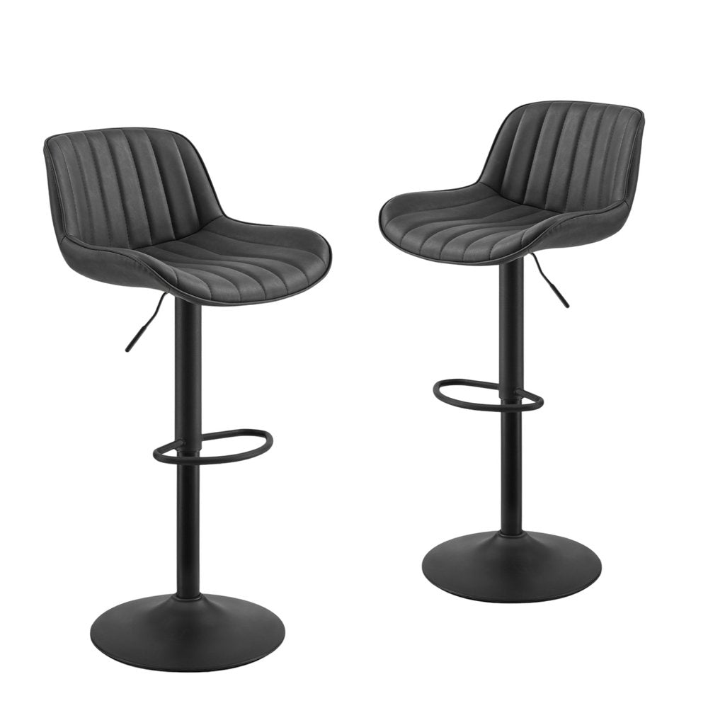 Set of Two 32" Black Faux Leather And Steel Swivel Low Back Adjustable Height Bar Chairs