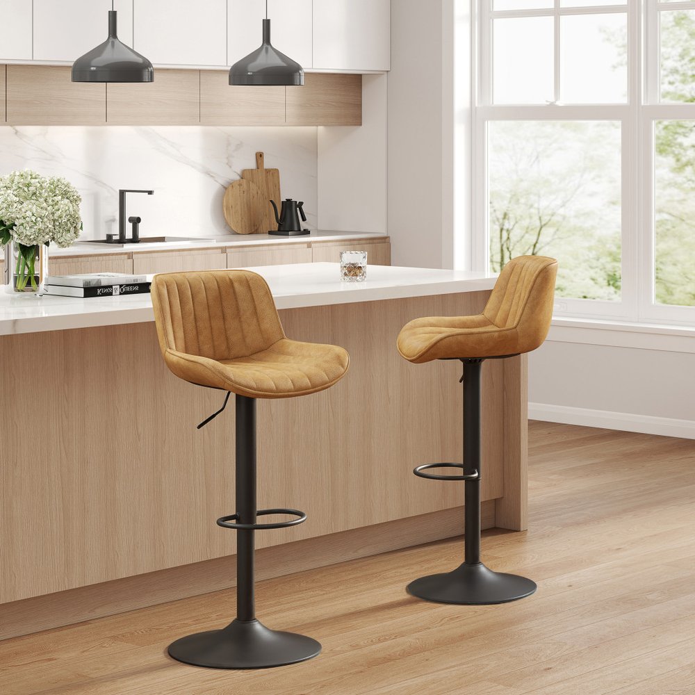 Set of Two 32" Black Faux Leather And Steel Swivel Low Back Adjustable Height Bar Chairs