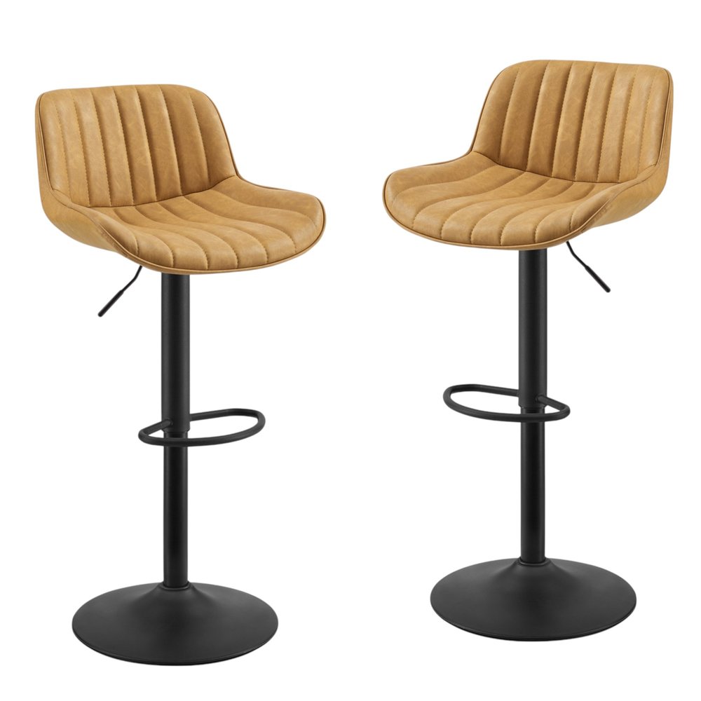 Set of Two 32" Black Faux Leather And Steel Swivel Low Back Adjustable Height Bar Chairs