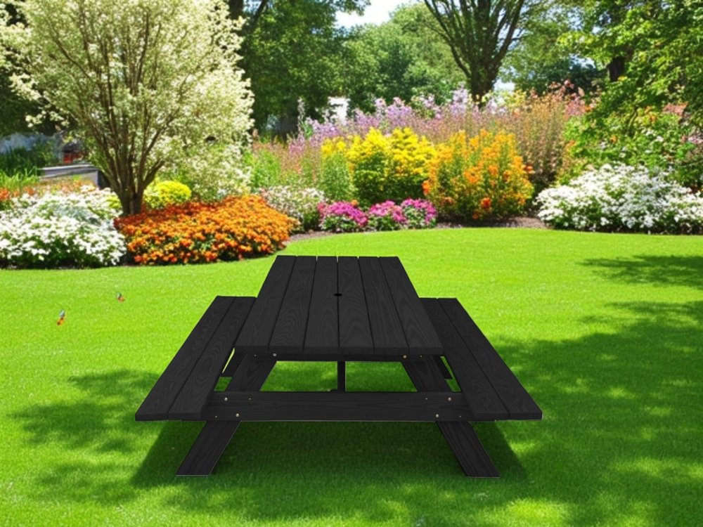 Black Solid Wood Dining Set with Two Benches With Umbrella Hole