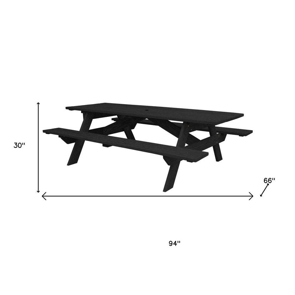 Black Solid Wood Dining Set with Two Benches With Umbrella Hole