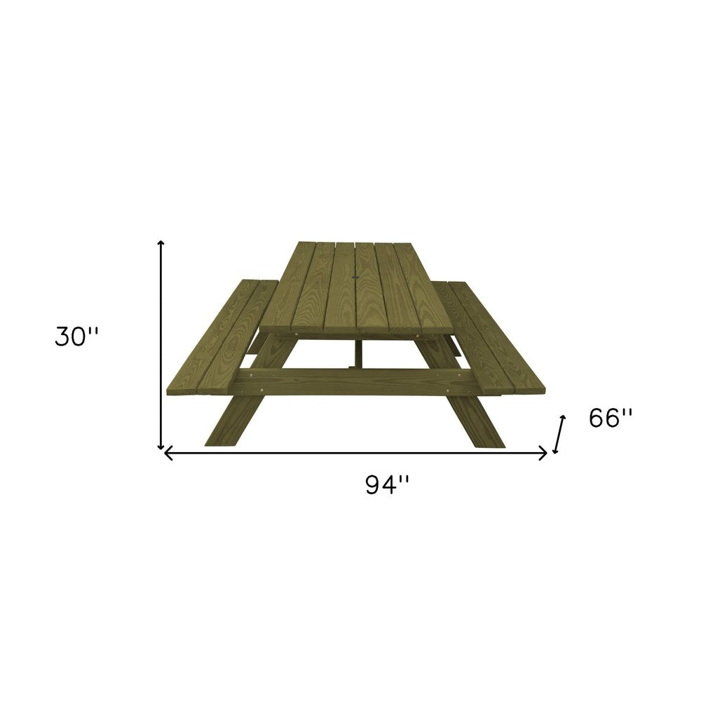 94" Green Solid Wood Outdoor Picnic Table with Umbrella Hole
