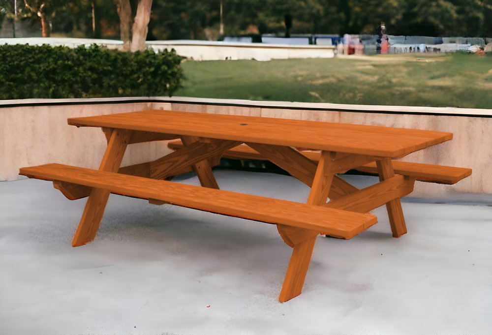 94" Brown Solid Wood Outdoor Picnic Table with Umbrella Hole