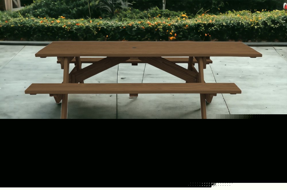 94" Brown Solid Wood Outdoor Picnic Table with Umbrella Hole