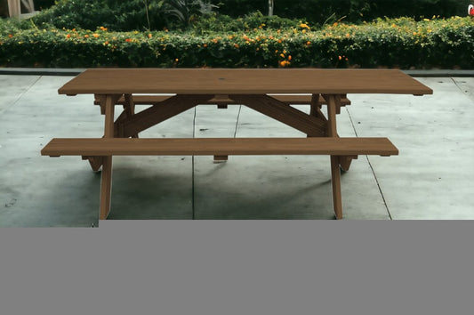94" Brown Solid Wood Outdoor Picnic Table with Umbrella Hole