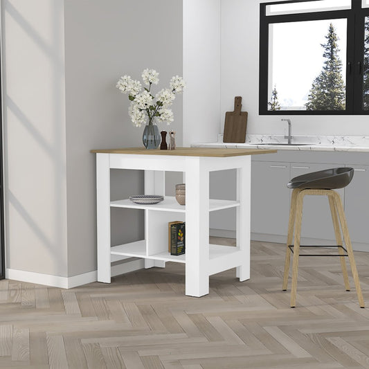 35" Natural and White Wood Kitchen Island With Storage