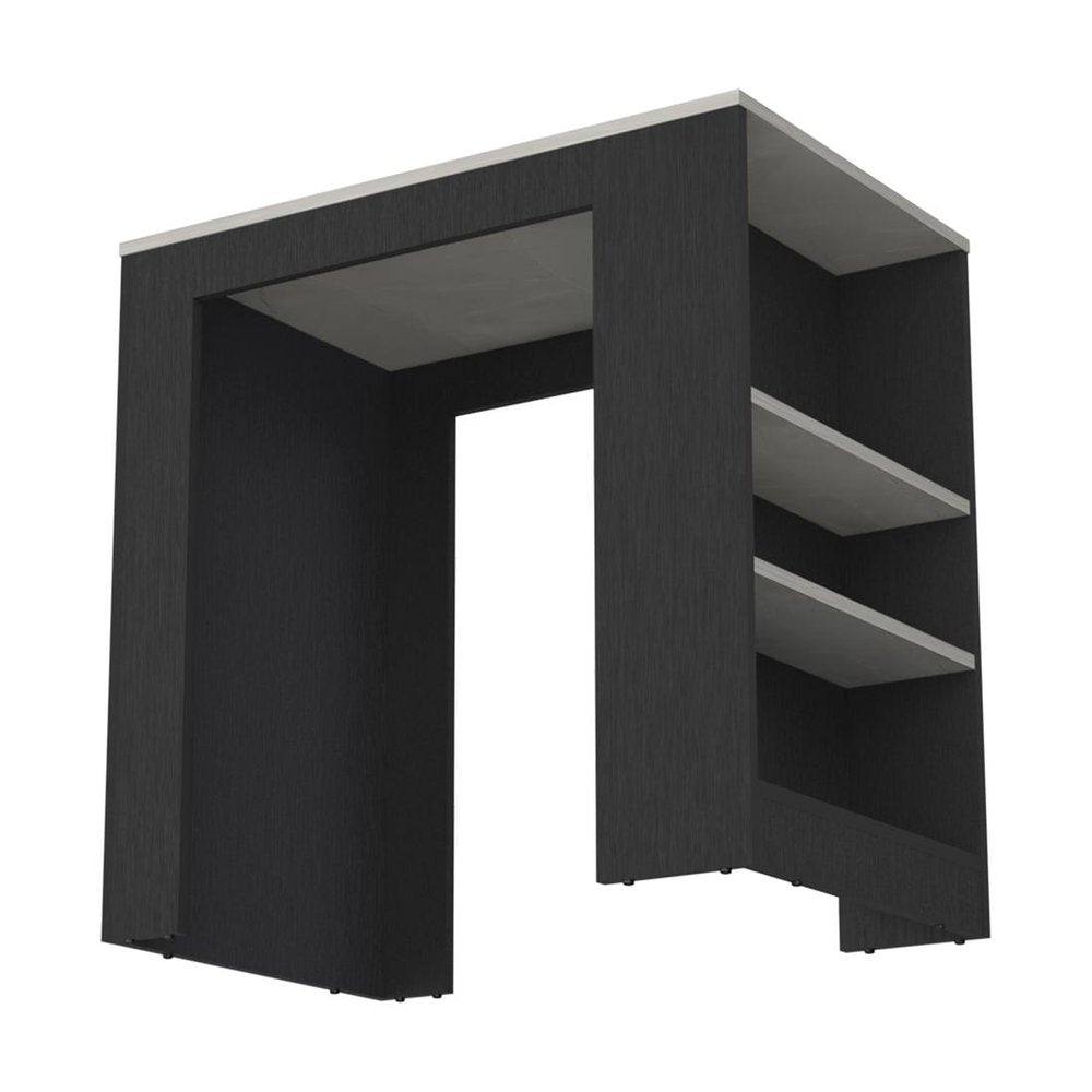 36" Gray and Black Faux Marble and Wood Kitchen Island With Storage