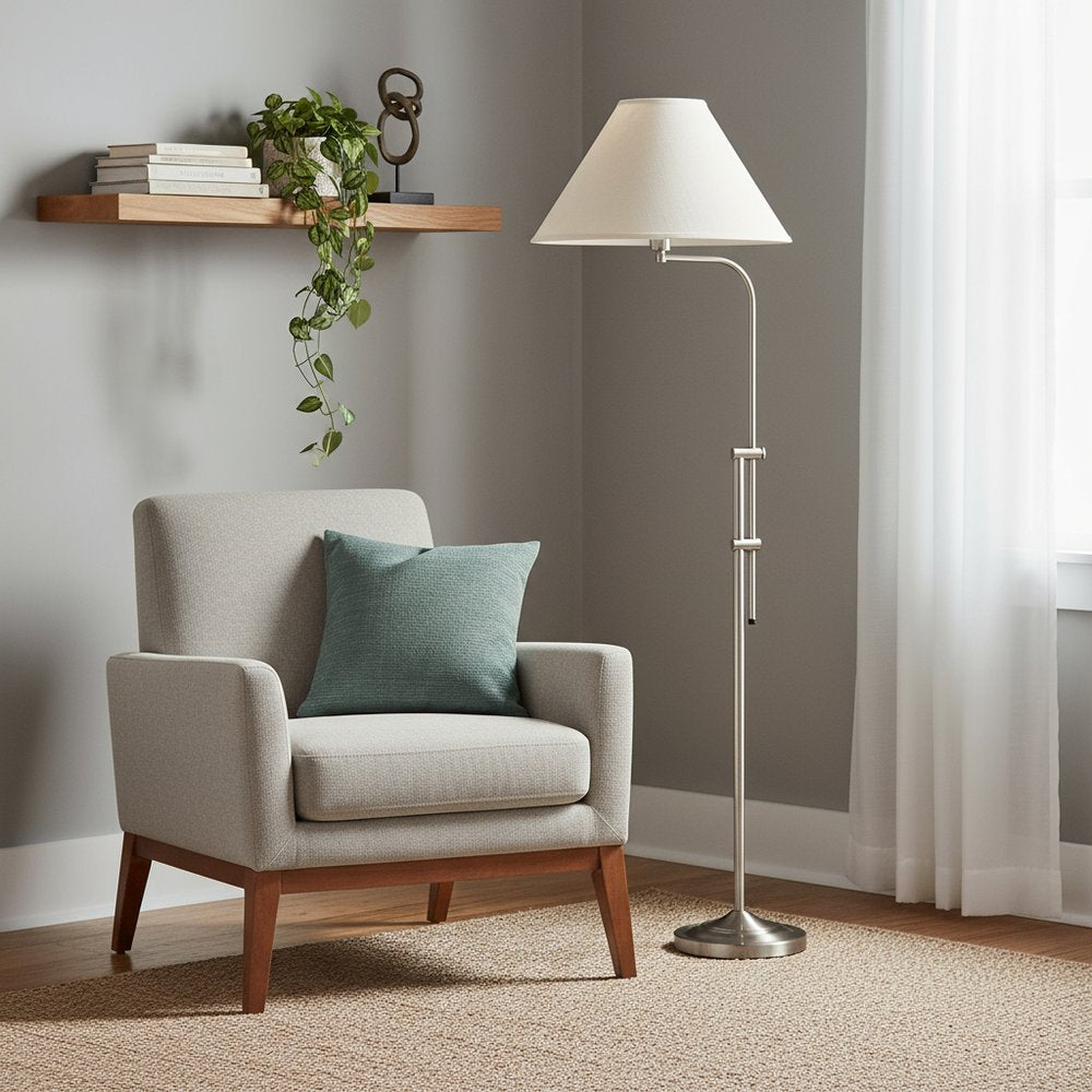 68" Nickel Adjustable Floor Lamp With White Fabric Empire Shade