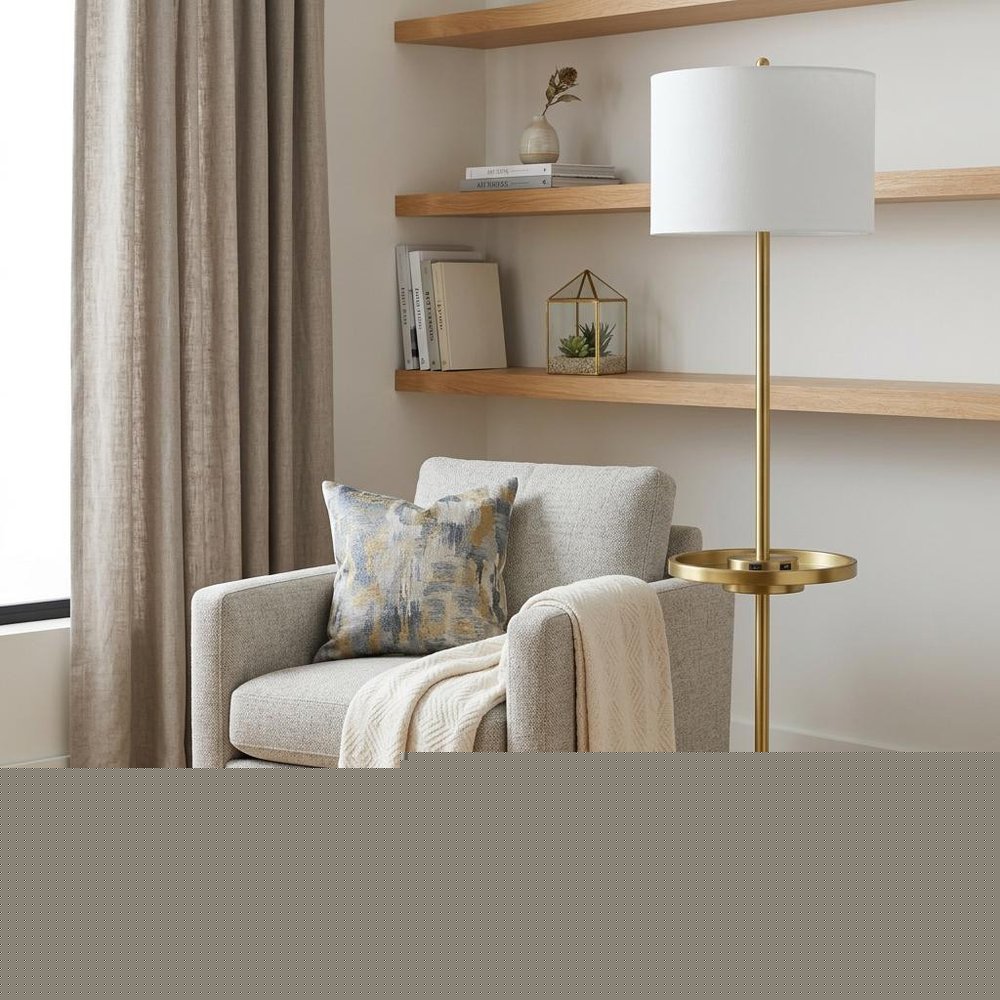 62" Brass Tray Table Floor Lamp With White Square Shade