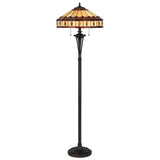 61" Bronze Two Light Traditional Shaped Floor Lamp With Purple and Ivory Abstract Tiffany Glass Empire Shade