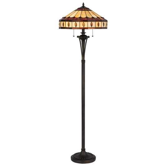 61" Bronze Two Light Traditional Shaped Floor Lamp With Purple and Ivory Abstract Tiffany Glass Empire Shade