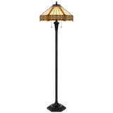 60" Bronze Two Light Traditional Shaped Floor Lamp With Orange and Ivory Abstract Tiffany Glass Empire Shade