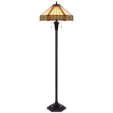 60" Bronze Two Light Traditional Shaped Floor Lamp With Orange and Ivory Abstract Tiffany Glass Empire Shade