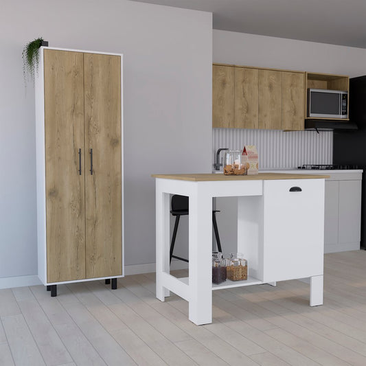 Set of Two Oak and White Wood Kitchen Island And Pantry Cabinet