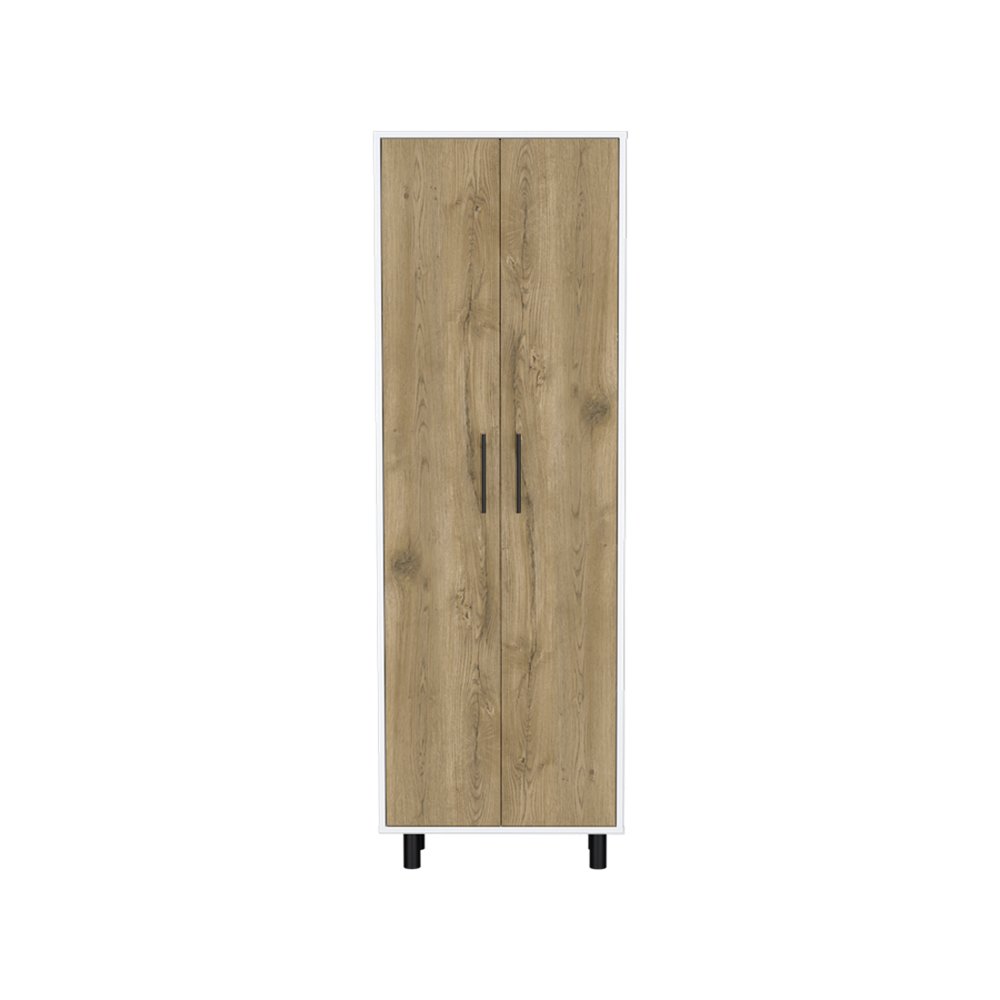 Set of Two Oak and White Wood Kitchen Island And Pantry Cabinet