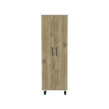 Set of Two Oak and White Wood Kitchen Island And Pantry Cabinet
