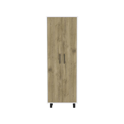 Set of Two Oak and White Wood Kitchen Island And Pantry Cabinet
