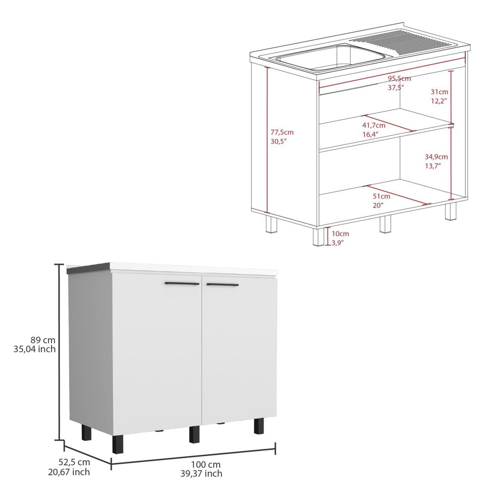 24" X 39" White Stainless Steel and Wood Utility Cabinet With Sink