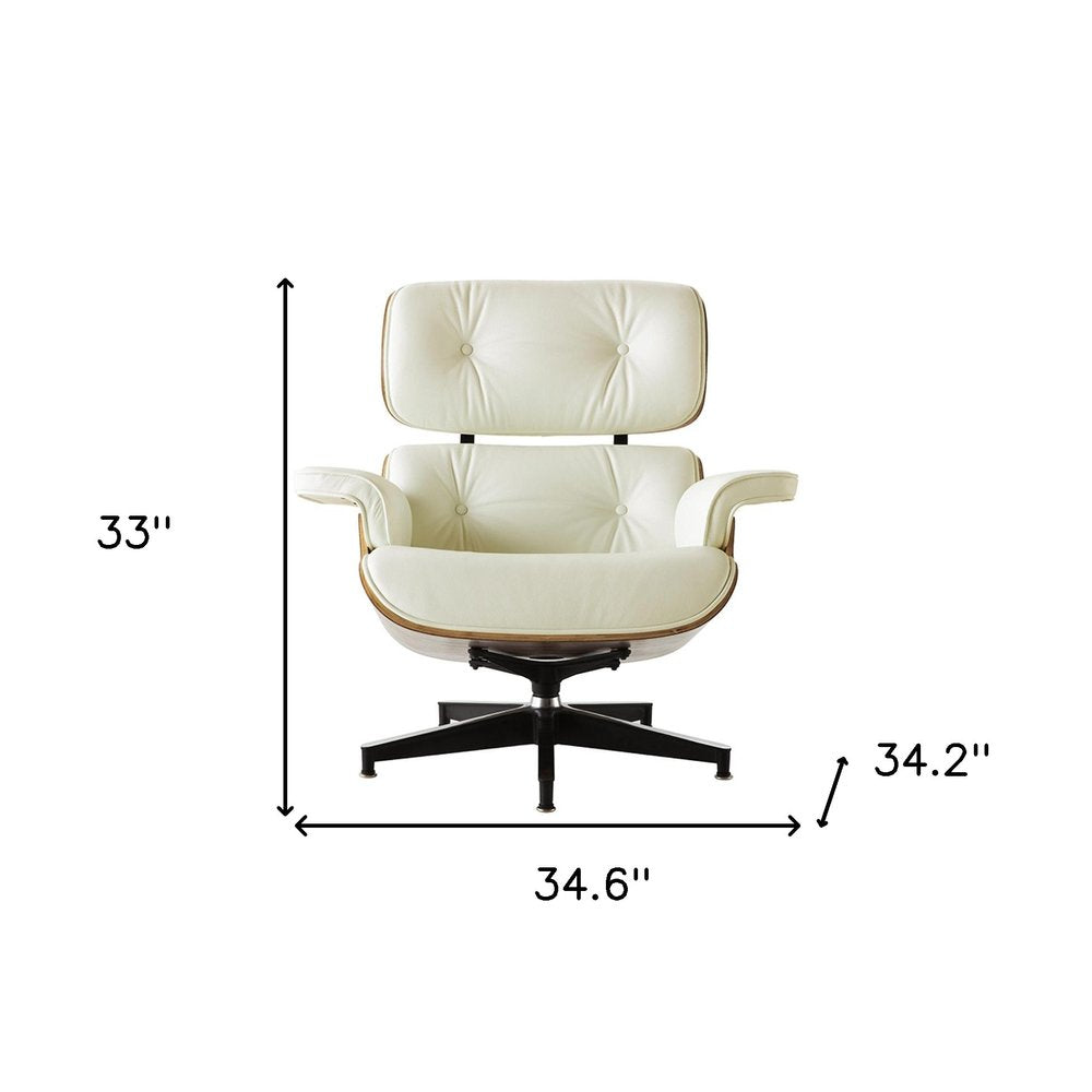 35" Beige and Dark Brown Genuine Leather Tufted Swivel Lounge Chair With Ottoman