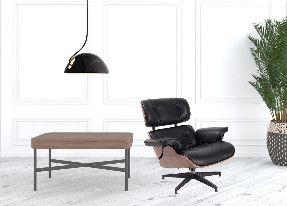 35" Black and Brown Genuine Leather Tufted Swivel Lounge Chair With Ottoman