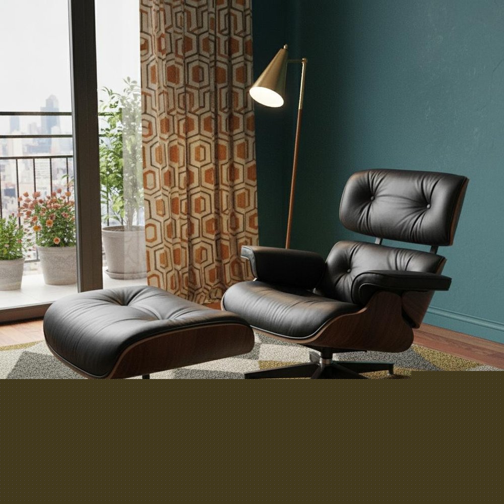 35" Black and Brown Genuine Leather Tufted Swivel Lounge Chair With Ottoman