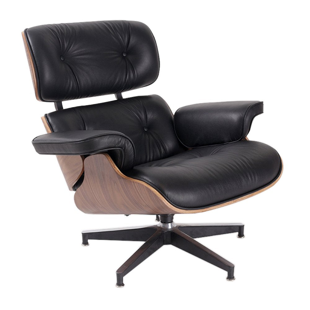 35" Black and Brown Genuine Leather Tufted Swivel Lounge Chair With Ottoman