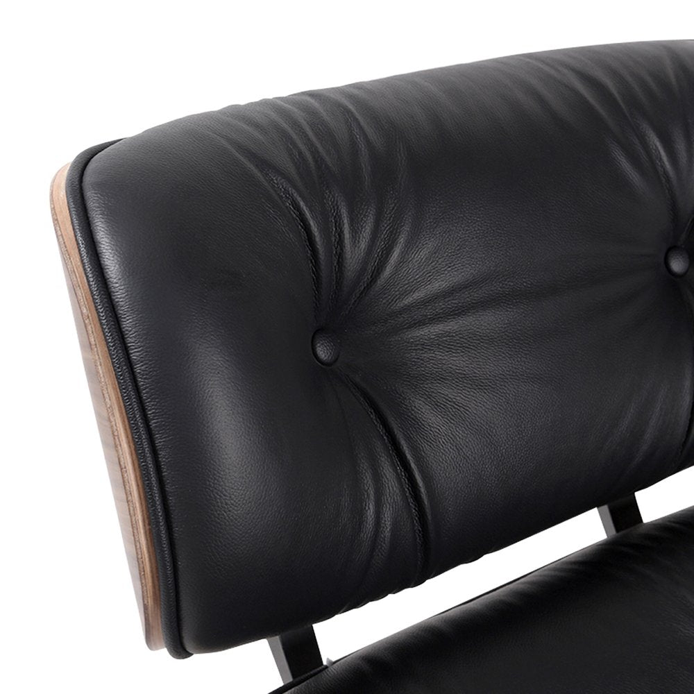 35" Black and Brown Genuine Leather Tufted Swivel Lounge Chair With Ottoman