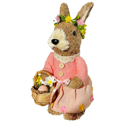 11" Brown And Pink Straw Rabbit Easter Easter Bunny Figurine